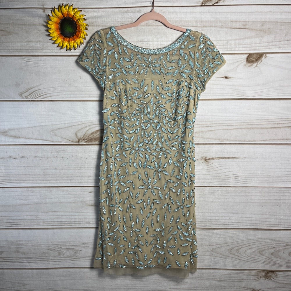 Aidan Mattox Beaded Sheer Tulle Cap Sleeve Cocktail Dress Tan Blue US 8